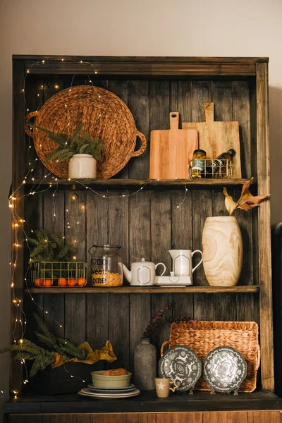 Cocina Rústica Con Mesa Madera Fachadas Decoradas Para Navidad — Foto de Stock