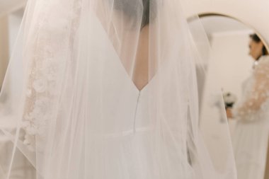 Gelinlik içinde muhteşem bir gelin ve peçeli, dikiz manzaralı.