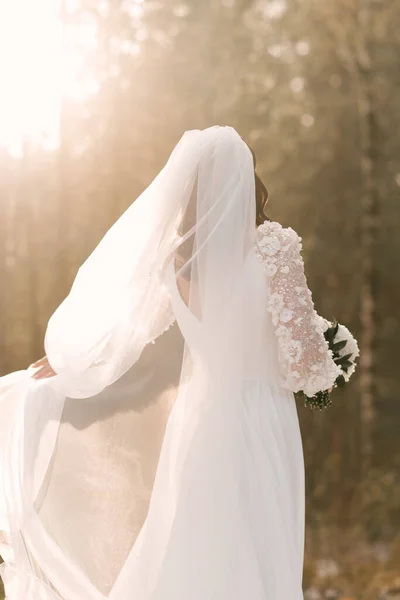 Gorgeous bride in a wedding dress and with a veil, back view in the sun, snowy winter wedding