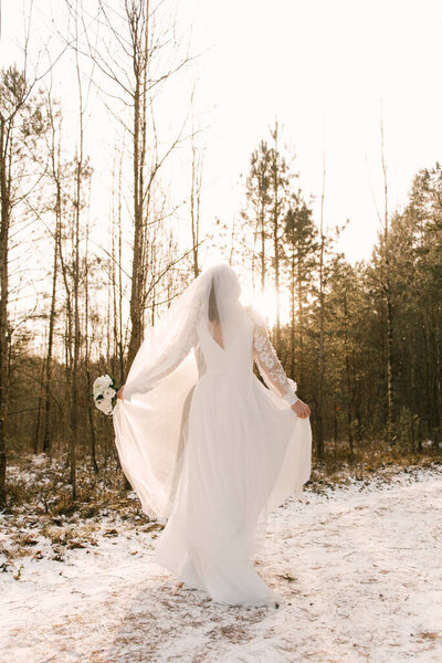 Gorgeous bride in a wedding dress and with a veil, back view in the sun, snowy winter wedding