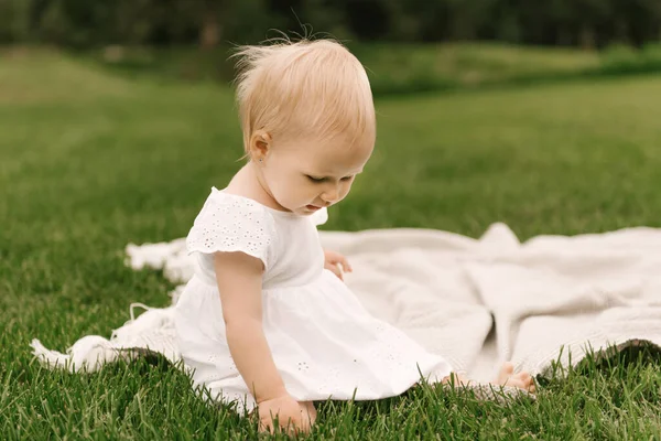 Ritratto Una Bella Bambina Felice Nella Natura Picnic Famiglia — Foto Stock