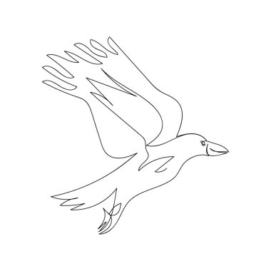 Uçan karga bir çizgi sanatı. Cadılar bayramı temasının aralıksız çizimi, gotik, kuşbilim, korkunç, kuş.