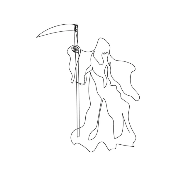 Grim Reaper μία γραμμή τέχνης. Συνεχής γραμμή σχέδιο του Halloween θέμα, φθινοπωρινή διάθεση, φρικτό, απόδοση, κοστούμι θανάτου, φόβος, τέλος της ζωής Αποκριές κοστούμι, ξόρκι. — Διανυσματικό Αρχείο