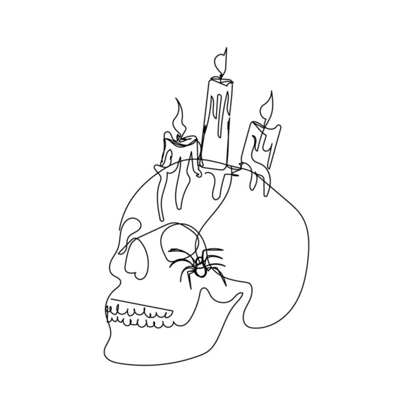 Human skull with spider and burning candles one line art. Continuous line drawing of halloween theme, gothic, autumn mood, black Widow, karakurt, tarantula. — Stock Vector
