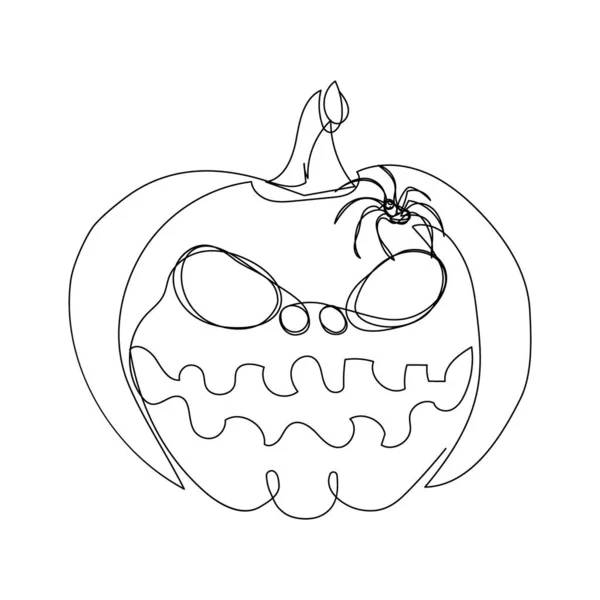 Calabaza de Halloween con cara tallada con araña de una línea de arte. Dibujo continuo de la línea del tema de Halloween, horrible, gótico, humor de otoño, karakurt, tarántula. — Vector de stock