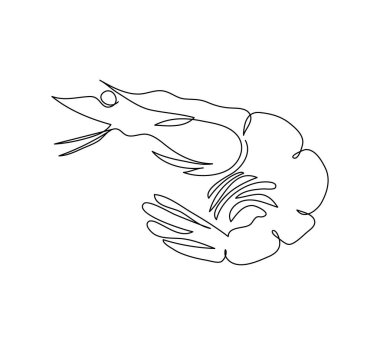 Karides, kabuklu karides, sürekli çizgi çizimi. Bir sıra balık, eklembacaklı, deniz ürünleri..