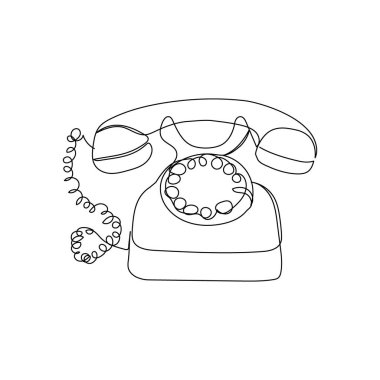 Antika döner telefon aralıksız çizimi. Bir satır ev aletleri, telefon iletişimi, telefon alıcısı, çağrı, 20. yüzyıl..