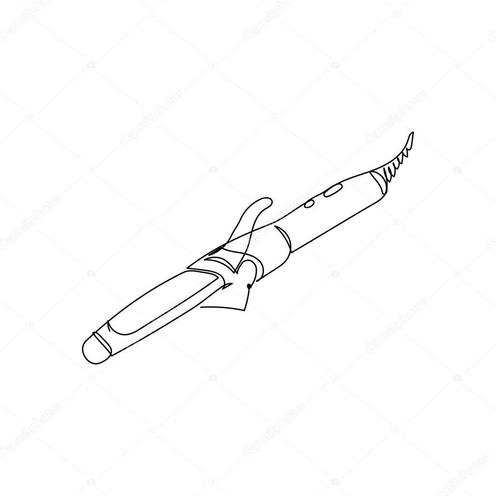 Curling iron continuous line drawing. One line art of home appliance, bathroom, curly hair, styling, hairdressing supplies.