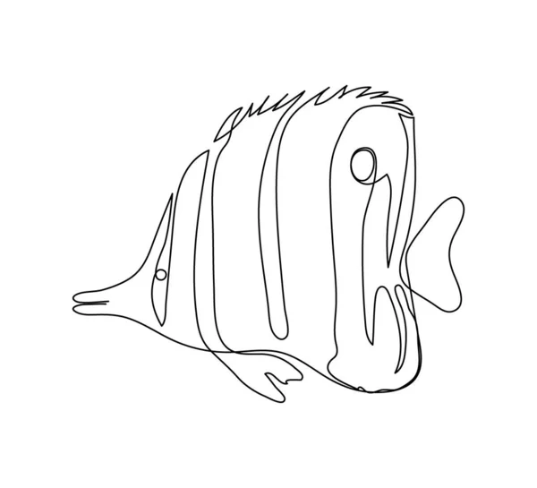 蝶の魚の連続線画。バナーフィッシュとコーラルフィッシュの一本の線画魚介類. — ストックベクタ
