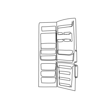 Büyük buzdolabı aralıksız çizgi çizimi aç. Bir sıra ev aletleri, mutfak, elektrik, dondurucu, gıda deposu..