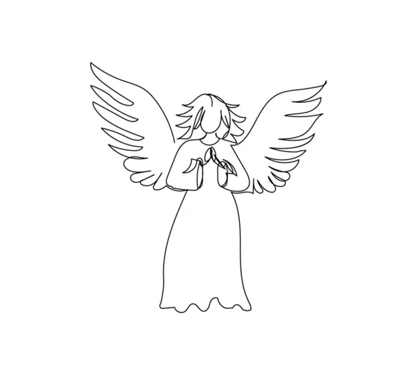 Christmas angel with wings, holy spirit, guardian one line art. Continuous line drawing of christmas traditional decor, statuette, Christmas tree toy. — Stock Vector