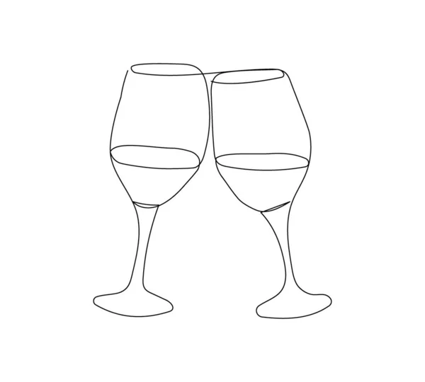 Two glasses of wine clink glasses one line art. Continuous line drawing of new year holidays, christmas, birthday, champagne, alcohol, cocktail, drink, joy. — Stock Vector