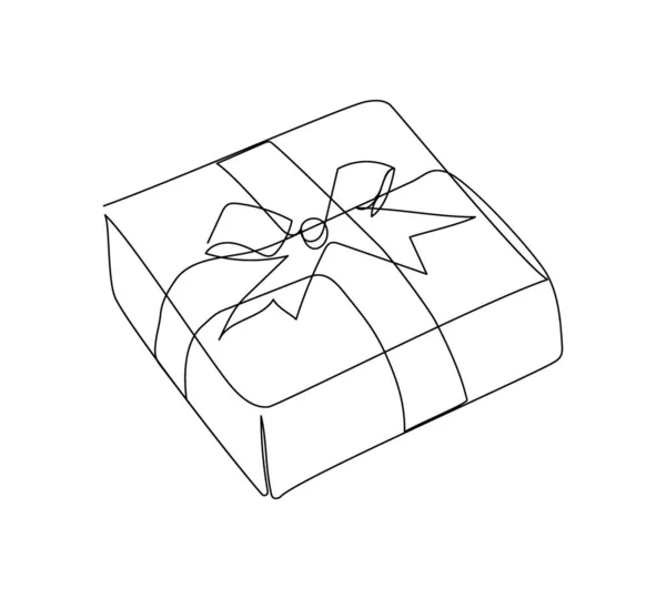 Quadratische Geschenkschachtel mit einzeiliger Bogenkunst. Kontinuierliche Linienzeichnung der Neujahrsfeiertage, Weihnachten, Feier, Verpackung, Urlaub, Geschenk, Überraschung, Dekoration. — Stockvektor
