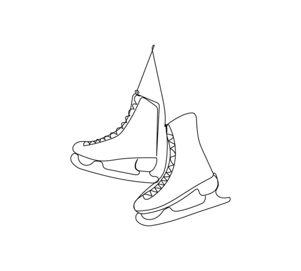 Les patins sont accrochés au mur une ligne d'art. Dessin au trait continu du nouvel an vacances, accessoire d'hiver, traditionnel, décor, hiver, patineur, hockey, sport d'hiver, chaussures, lame, glace. — Image vectorielle