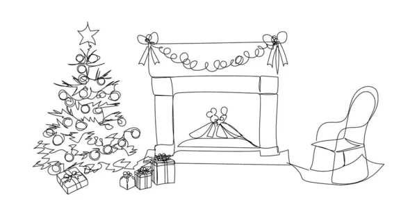Chimenea, árbol de Navidad, regalos y mecedora una línea de arte. Dibujo continuo de la línea de vacaciones de año nuevo, casa de Navidad, celebración, decoración. — Archivo Imágenes Vectoriales