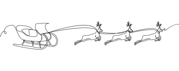 Сани Санты с рождественскими оленями в арте из одной линии. Непрерывная линия рисования новогодних праздников, Рождества, поздравлений, выходных, празднования. — стоковый вектор