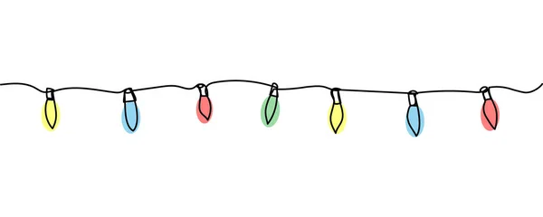 Guirnalda de Navidad de color eléctrico retro una línea de arte. Dibujo continuo de la línea de vacaciones de año nuevo, Navidad, iluminación, iluminación, celebración, decoración. — Archivo Imágenes Vectoriales