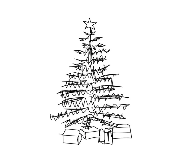 Árbol de Navidad con regalos de una línea de arte. Dibujo continuo de la línea de año nuevo, vacaciones, Navidad, tradicional, comodidad, respetuoso del medio ambiente, árbol, invierno, imitación, pino, abeto. — Archivo Imágenes Vectoriales