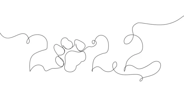Новая 2022-летняя открытка с тигровой лапой из одной линии. Непрерывная линия рисования новогодних праздников, Рождества, поздравления, символ года, тигр, украшения. — стоковый вектор