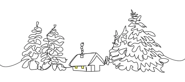 Paisaje de invierno arte de una línea. Dibujo continuo de las vacaciones de año nuevo, Navidad, casa, nieve, árboles, paisaje nevado, pueblo, celebración, decoración. — Archivo Imágenes Vectoriales