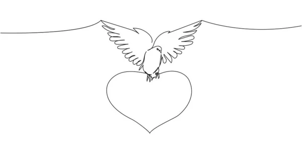 Dove with heart continuous line drawing. One line art of romance, love, cupid, feelings, relationships, bird, loyalty. — Stock Vector