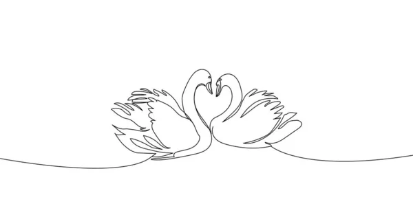 Two swans continuous line drawing. One line art of time of love, couple, heart, hugging, birds, family, relationship, lovers, symbolism. — Stock Vector