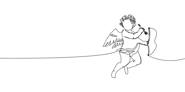 Cupido con arco e freccia disegno a linea continua. Una linea arte d'amore, relazione, amanti, ali, volare, sentimenti, angelo, cupido, protettore degli innamorati, simbolismo, valentino. — Vettoriale Stock