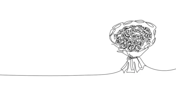 バラの花束連続線画。装飾、花、お茶のバラ、庭の花、花束、花、ロマンス、贈り物、関係、愛、牡丹、ダリア、カーネーションの一つのラインアート. — ストックベクタ