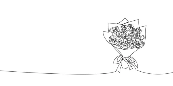 Blumenstrauß ununterbrochene Linienzeichnung. Einzeilige Dekorationskunst, Blumen, Teerosen, Gartenblumen, Strauß, Floristik, Romantik, Geschenk, Beziehung, Liebe, Pfingstrosen, Dahlien, Nelken. — Stockvektor