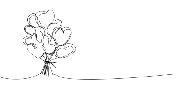 Bouquet de ballon en forme de coeur dessin en ligne continue. One line art de la décoration, accessoire,, vacances, romance, féliciter, surprise, coeur. — Image vectorielle