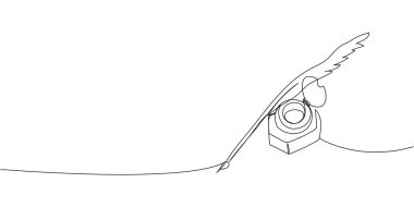 Retro mürekkep hokkası ve sürekli çizgi çizimi. Bir satır aşk mektubu, antika, romantizm, klasik, yazı, kaligrafi.