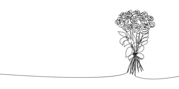Ramo de rosas grandes dibujo de línea continua. Una línea de arte de la decoración, flores, rosas de té, flores de jardín, ramo, floristería, romance, regalo, relación, amor, peonías, dalias, claveles. — Vector de stock