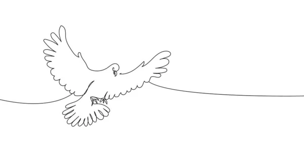 Colombe en vol dessin en ligne continue. One line art of time of love, oiseaux, relation, amoureux, ailes, mouche, facilité, sentiments, bien, symbolisme. — Image vectorielle