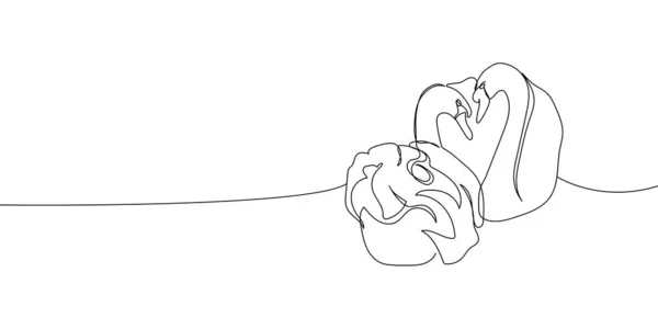 Dos cisnes abrazando el dibujo continuo de la línea. Arte de una línea de tiempo de amor, pareja, corazón, abrazos, pájaros, familia, relación, amantes, simbolismo. — Vector de stock