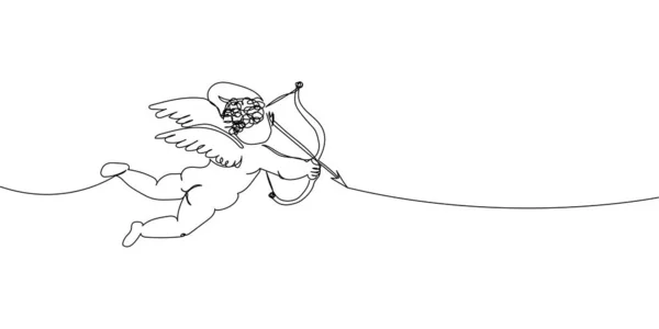 Cupido schiet pijlen continue lijn tekening. Één lijn kunst van liefde, relatie, minnaars, vleugels, vlieg, gevoelens, engel, cupido, beschermer van minnaars, symboliek, valentijn. — Stockvector