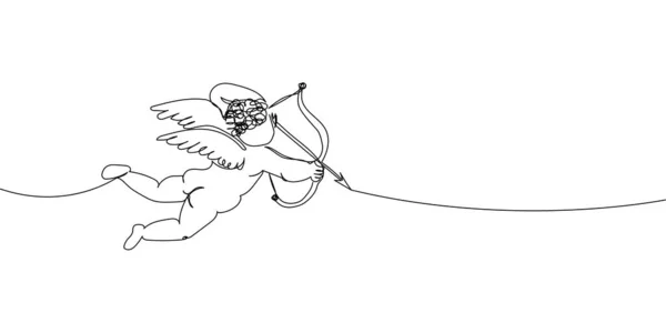 큐피드는 연속적 인 선그리기 화살을 쏘아 올립니다. 사랑, 관계, 연인, 날개, 파리, 감정, 천사, 찬송가, 연인의 보호자, 상징, 발렌타인. — 스톡 벡터