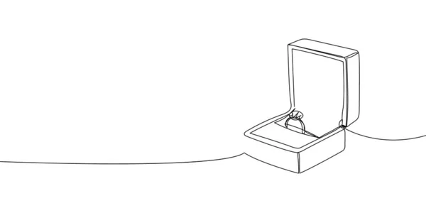 Обручальное кольцо в коробке непрерывного рисования линии. Одна линия искусства любви, обручальные кольца, брак, бриллиант, аксессуар, драгоценность, союз сердец, классика, романтика. — стоковый вектор