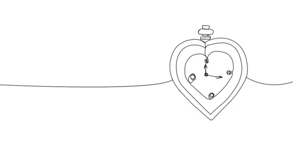 Reloj de bolsillo vintage con dibujo de línea continua corazón. Arte de una línea de tiempo de amor, relación a largo plazo, vida, arena, simbolismo, regalo. — Vector de stock