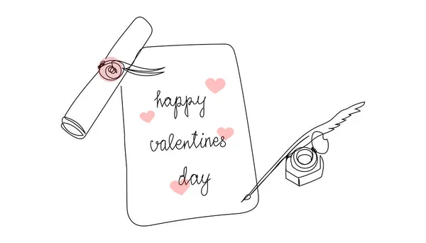 Happy Valentines Day Continuous Line Drawing One Line Art English — Stock Vector