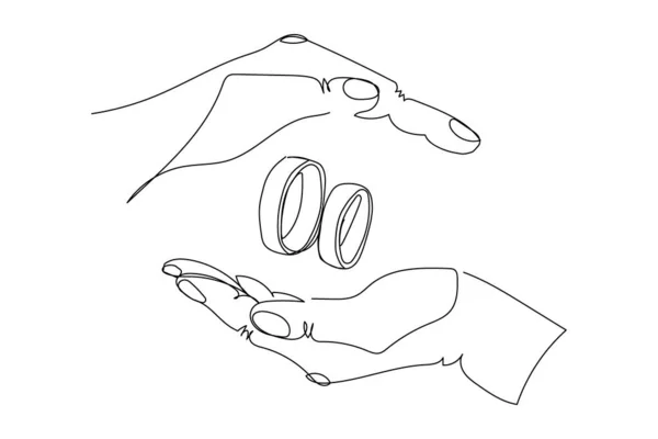 Kezek Egy Jegygyűrűt Tartanak Folyamatosan Rajzolnak Egy Sor Művészet Szerelem — Stock Vector