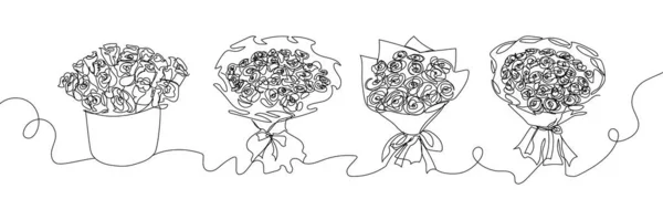 バラの連続線画が異なる花束のセット 庭の花 ロマンス チューリップ ダリア カーネーションの1つのラインアート 手描きベクトルイラスト — ストックベクタ