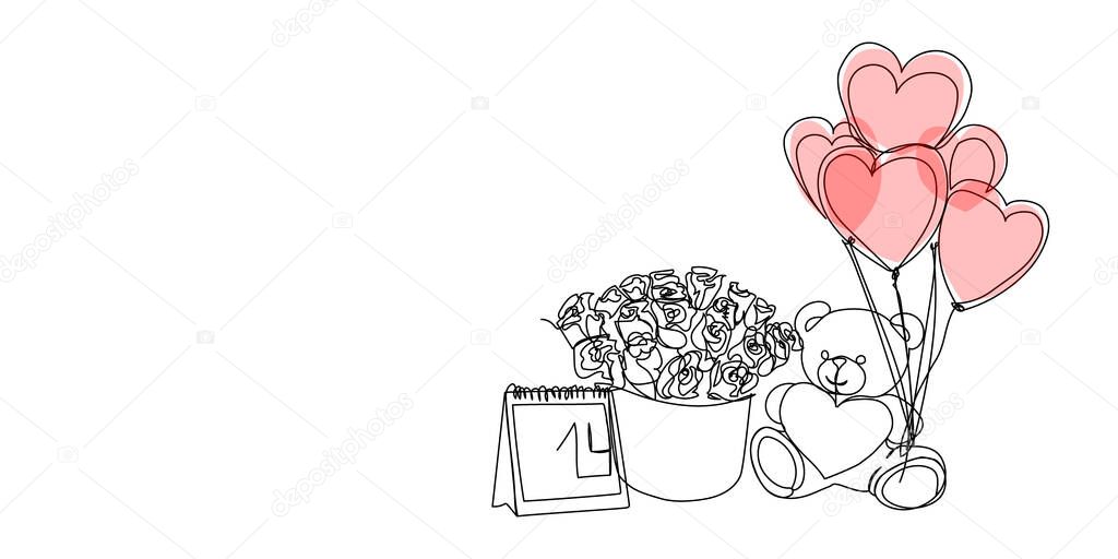 Calendar, bouquet of flowers, teddy bear and balloons continuous line drawing. One line art of date, February 14, Valentine s day, love, heart, toy, gift, relationship, romance, valentine s day, relationship. Hand drawn vector illustration.