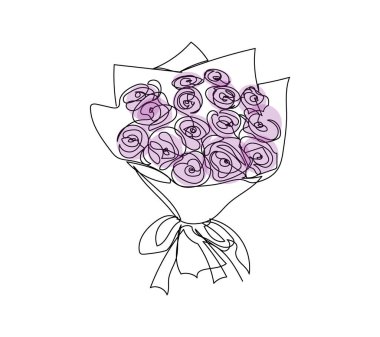 Bir buket menekşe çiçeği sürekli çizgi çiziyor. Dekorasyon, çiçekler, çay gülleri, bahçedeki leylak çiçekleri, buket, çiçekçilik, romantizm, ilişki, aşk, şakayıklar, karanfiller,.