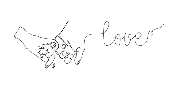 Adoro uma linha de arte. Desenho de linha contínua de par em amor, os amantes dão as mãos, agarram dedos, sensações. — Vetor de Stock