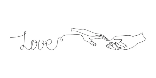 Amo una linea d'arte. Disegno di linea continuo di coppia innamorata, gli amanti si tengono per mano, si aggrappano alle dita. — Vettoriale Stock