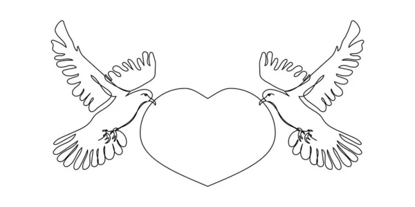 Pájaros con línea de corazón arte. El dibujo continuo de dos palomas mantiene la palabra amor, pájaros, sentimientos, amor, relaciones, pasión. — Vector de stock