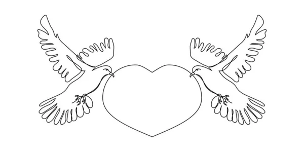 Uccelli con linea del cuore art. Disegno continuo di due colombe mantenere la parola amore, uccelli, sentimenti, amore, relazioni, passione. — Vettoriale Stock