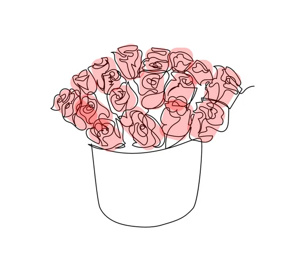 Bouquet de roses rouges dans une boîte dessin en ligne continue. Un art de ligne de décoration, fleurs, roses, fleurs de jardin, bouquet, floristique, romance, cadeau, relation, amour, pivoines, dahlias, oeillets. — Image vectorielle