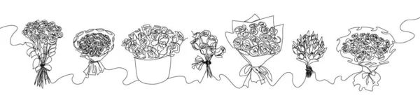 Conjunto de buquês linha contínua desenho. Uma linha de arte de decoração, flores, rosas, flores do jardim, buquê, floricultura, romance, relacionamento, amor, peônias, tulipas, dálias, cravos. —  Vetores de Stock