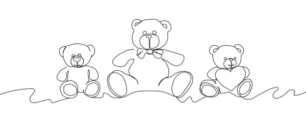 Set of teddy bears continuous line drawing. One line art of February 14, Valentine s day, birthday, love, heart, toy, gift, relationship, romance, kids, relationship. — Wektor stockowy